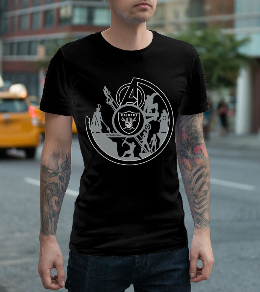 Avengers Raiders Crossover Emblem With Superhero Silhouettes And Icons T-Shirt