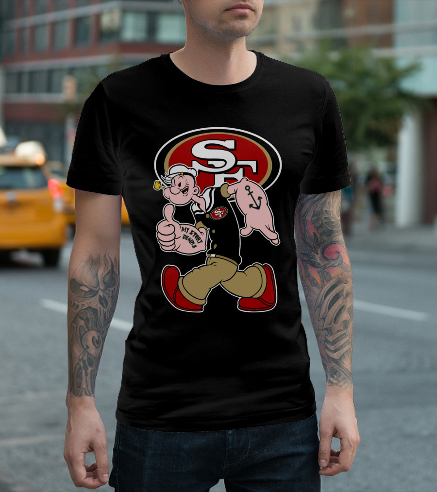 San Francisco 49ers Sf Logo With Walking Sailor Character And Anchor Tattoo T-Shirt