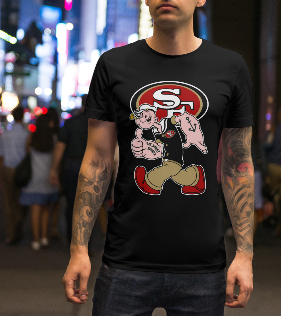 San Francisco 49ers Sf Logo With Walking Sailor Character And Anchor Tattoo T-Shirt