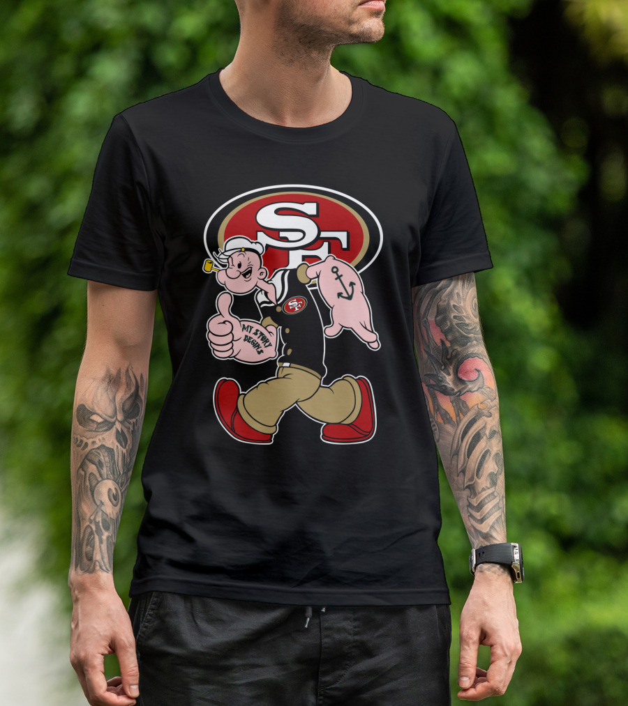 San Francisco 49ers Sf Logo With Walking Sailor Character And Anchor Tattoo T-Shirt