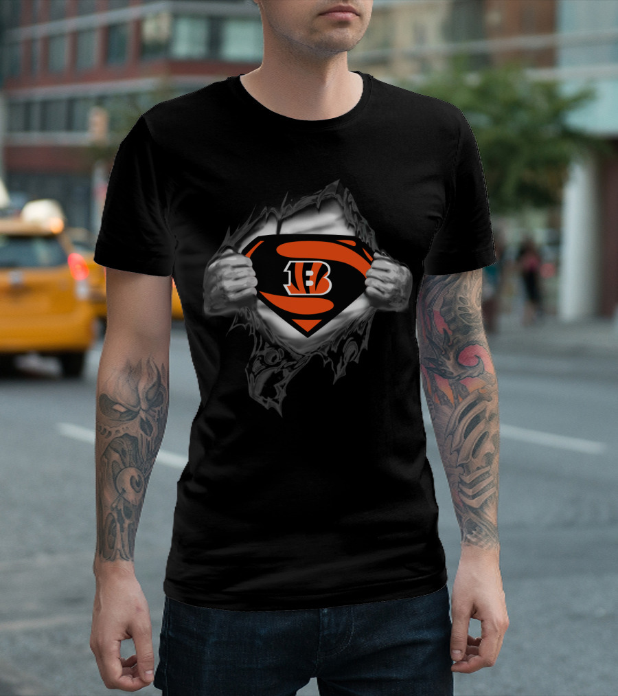 Superman Bengals Logo Hidden Beneath Ripped T-Shirt