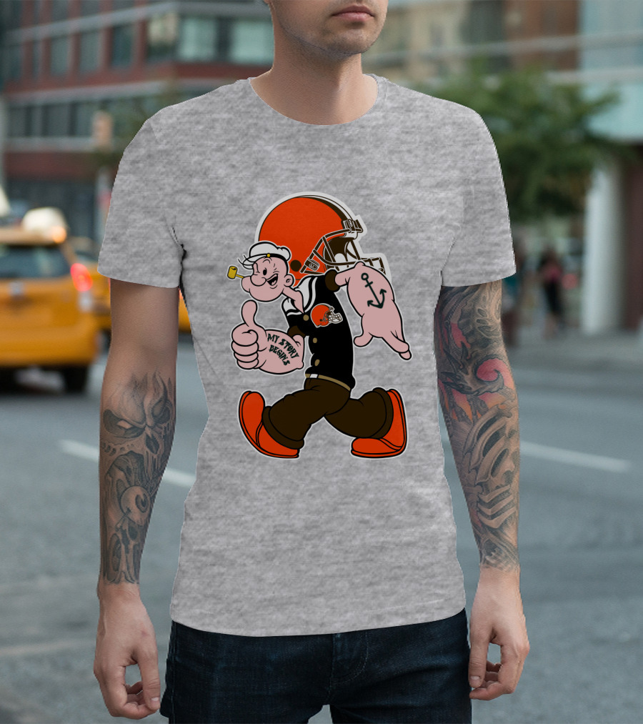 Browns Popeye My Strength Begins Football Helmet Anchor Tattoo T-Shirt