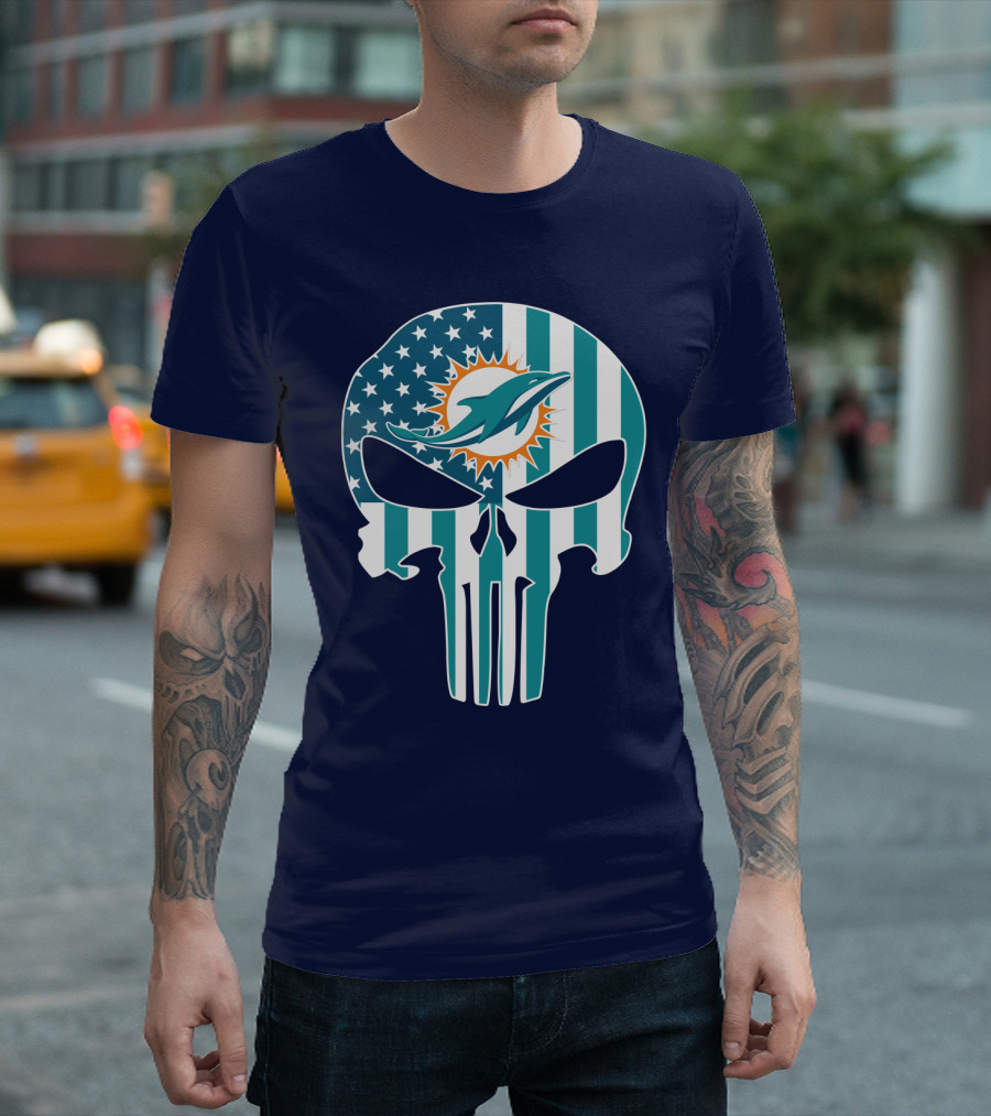 Miami Dolphins Punisher Skull American Flag T-Shirt