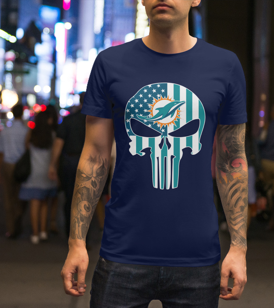 Miami Dolphins Punisher Skull American Flag T-Shirt