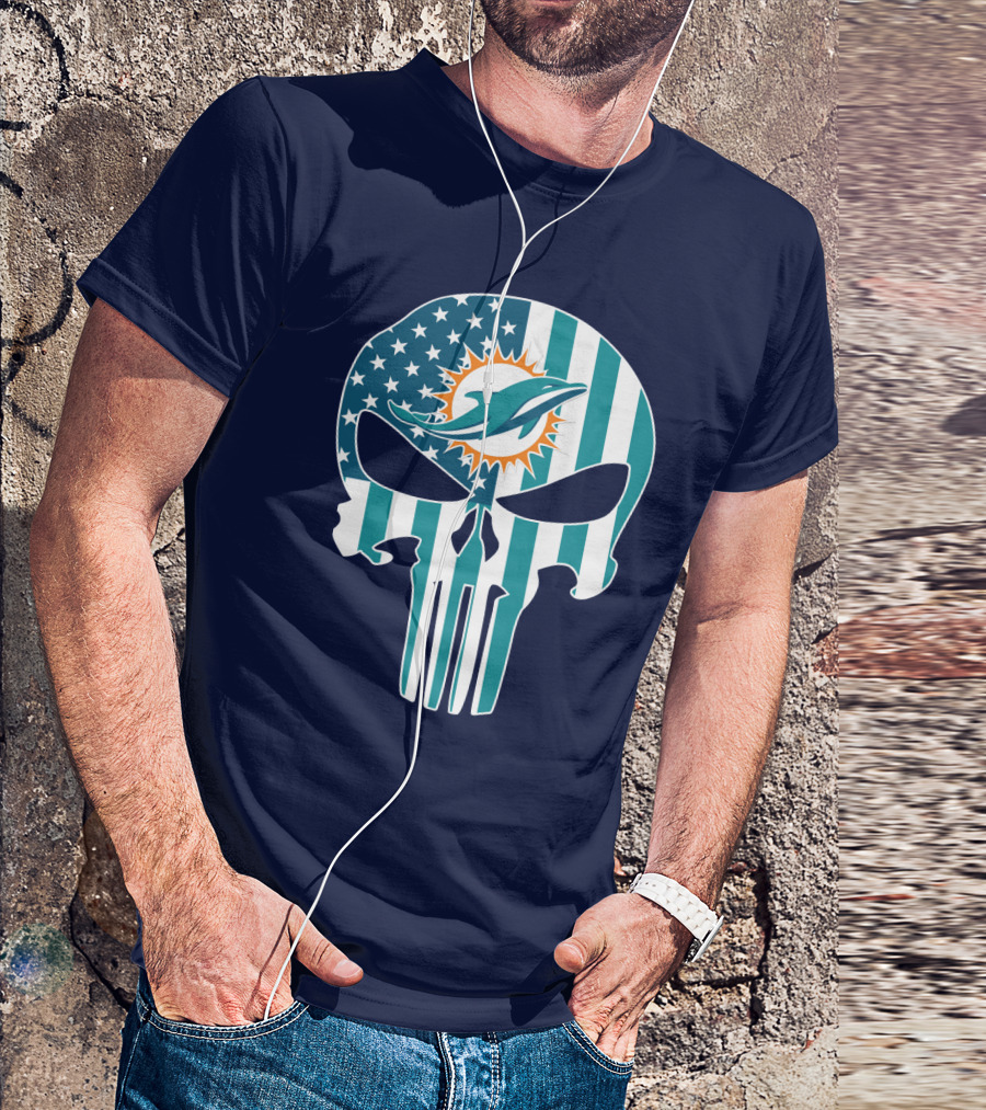 Miami Dolphins Punisher Skull American Flag T-Shirt
