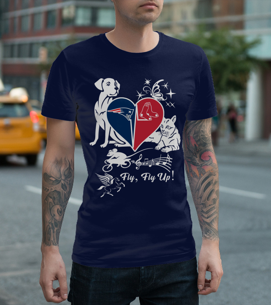New England Patriots Red Sox Heart With Animals And Fly Fly Up T-Shirt