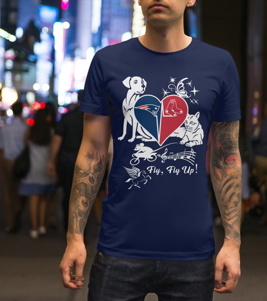 New England Patriots Red Sox Heart With Animals And Fly Fly Up T-Shirt