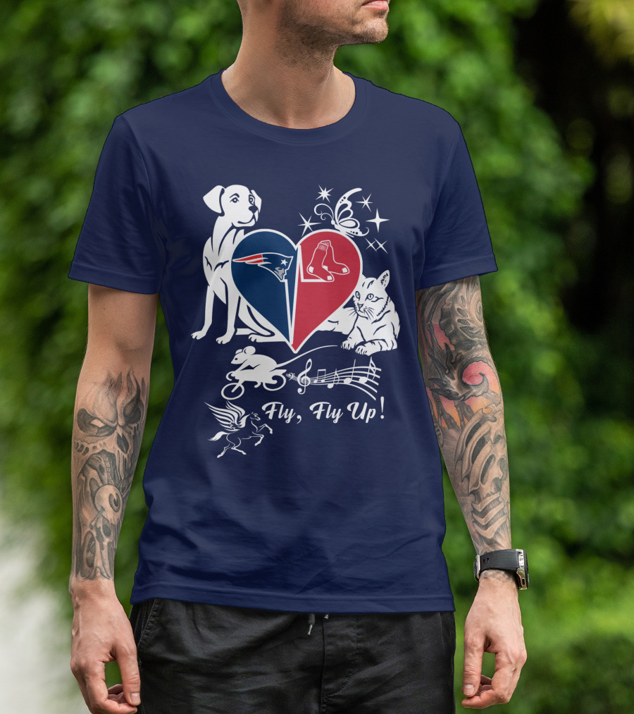 New England Patriots Red Sox Heart With Animals And Fly Fly Up T-Shirt