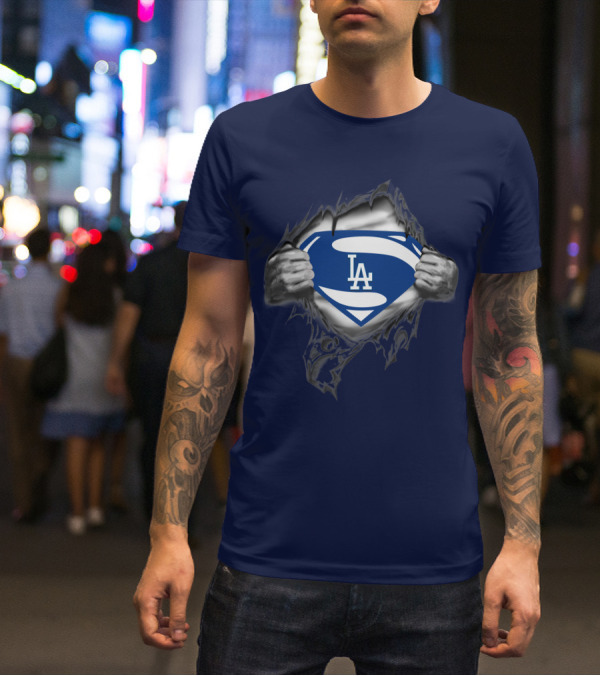 Superman Style Los Angeles Dodgers Logo On Blue T-Shirt