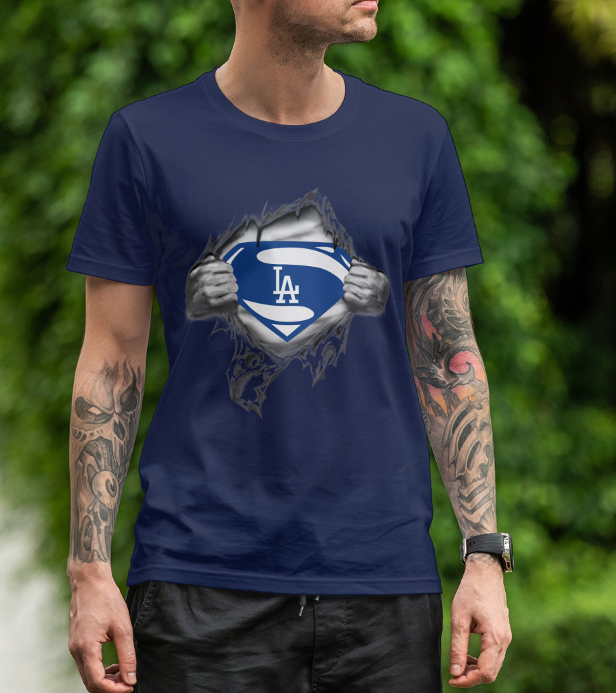 Superman Style Los Angeles Dodgers Logo On Blue T-Shirt