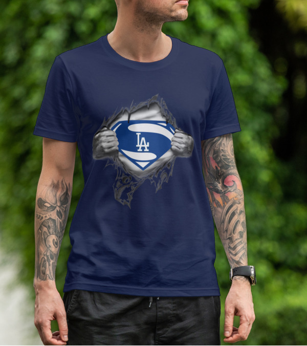 Superman Style Los Angeles Dodgers Logo On Blue T-Shirt