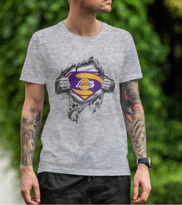 Superman Los Angeles Lakers Basketball Logo Inside Ripped T-Shirt