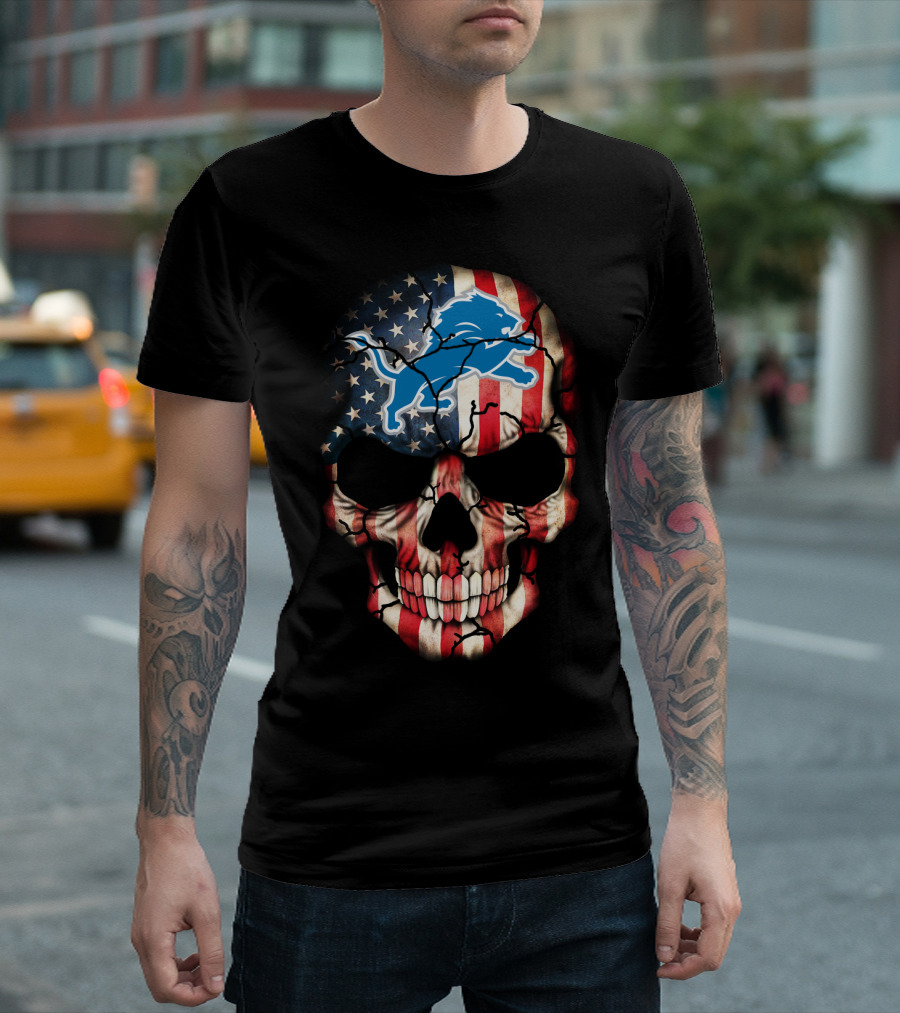 Detroit Lions American Flag Skull T-Shirt