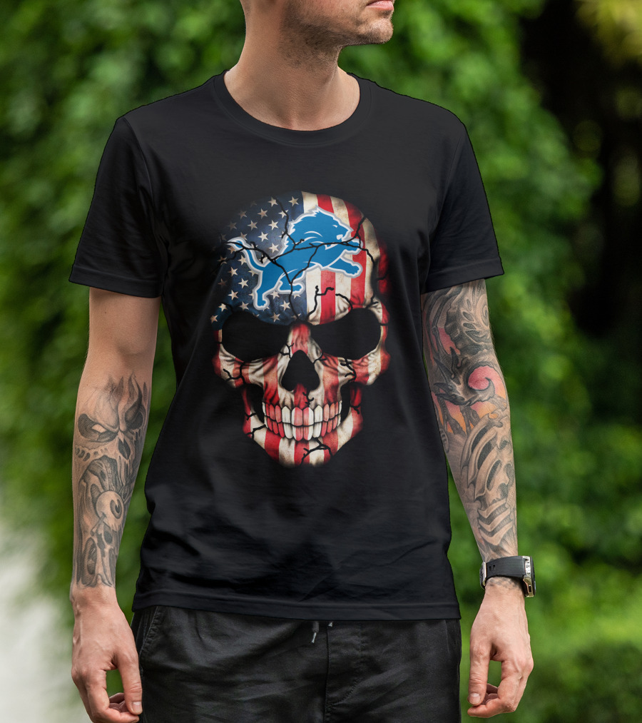 Detroit Lions American Flag Skull T-Shirt