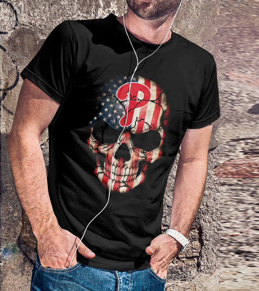 Phillies Skull American Flag Cracked T-Shirt