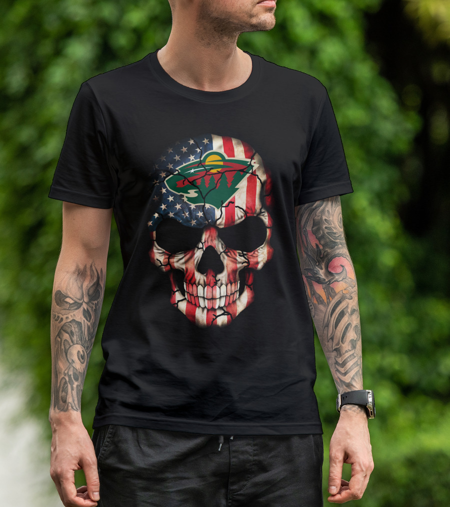 Minnesota Wild American Flag Skull T-Shirt