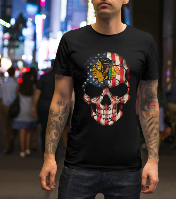 Chicago Blackhawks Skull American Flag T-Shirt