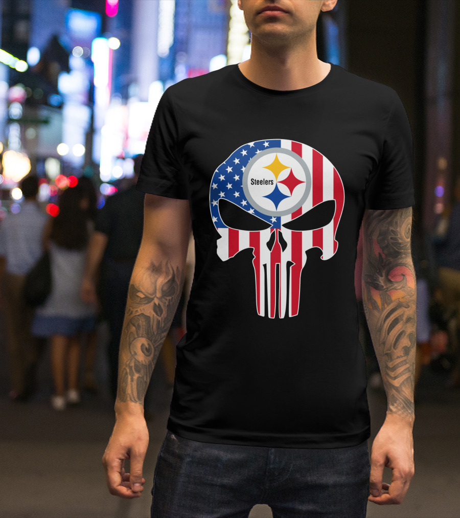 Steelers American Flag Skull T-Shirt