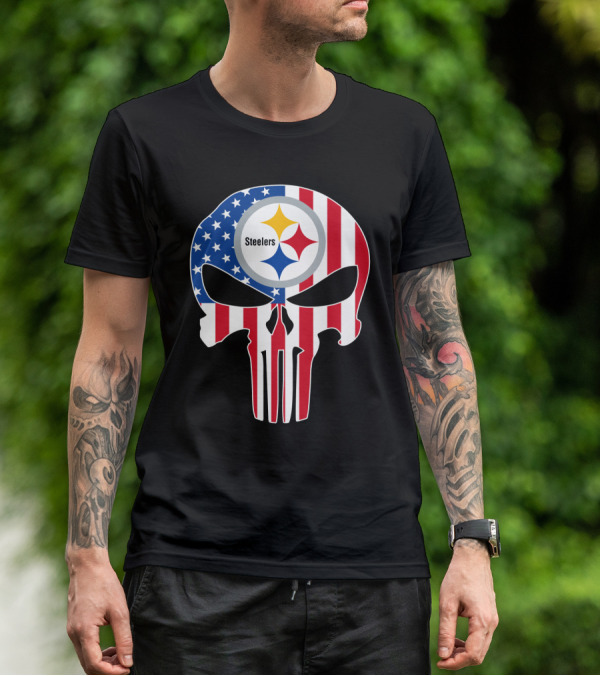 Steelers American Flag Skull T-Shirt