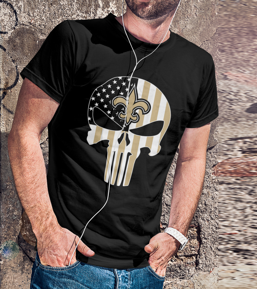 Saints Punisher Skull American Flag Fleur-De-Lis T-Shirt