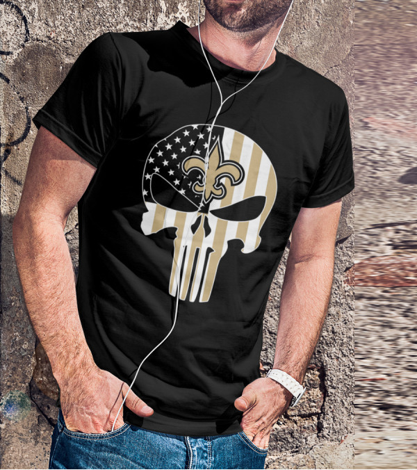 Saints Punisher Skull American Flag Fleur-De-Lis T-Shirt