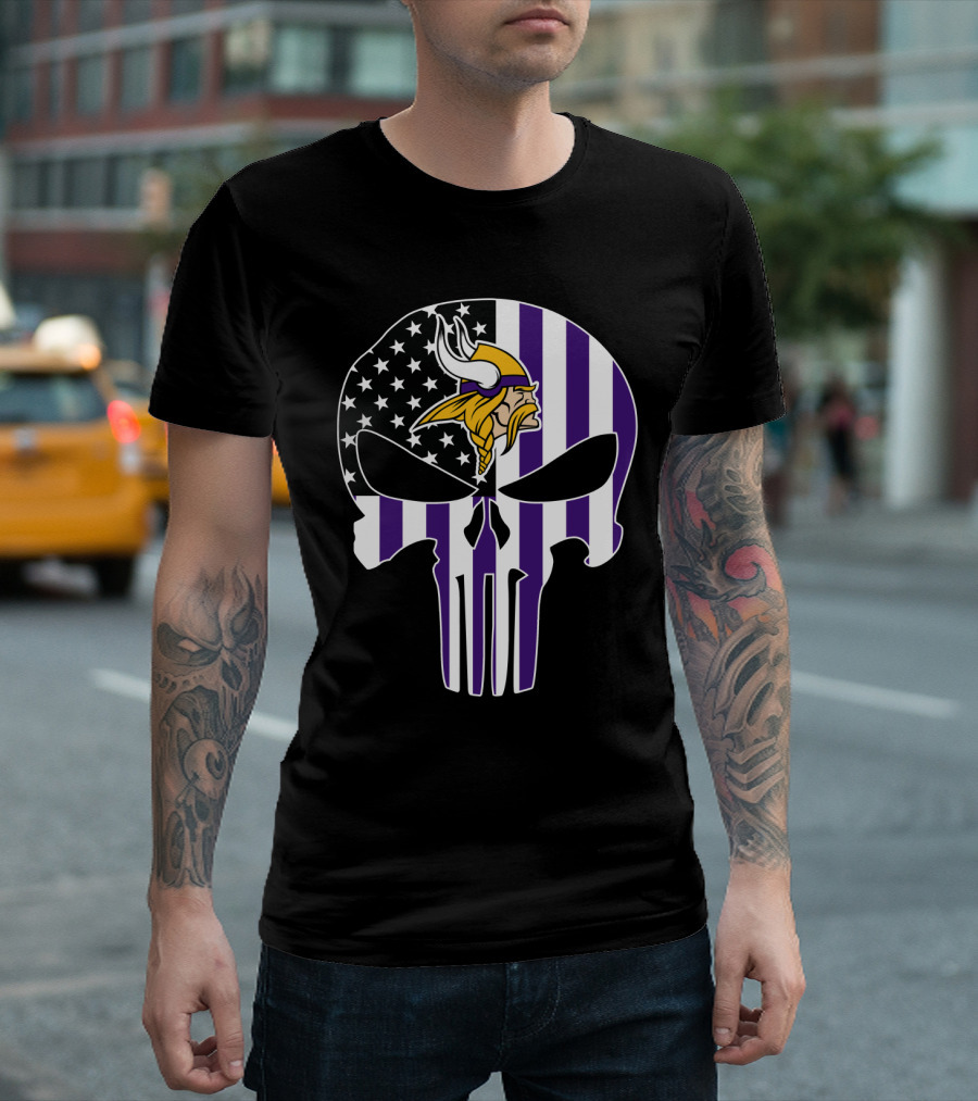 Minnesota Vikings Punisher American Flag Skull T-Shirt