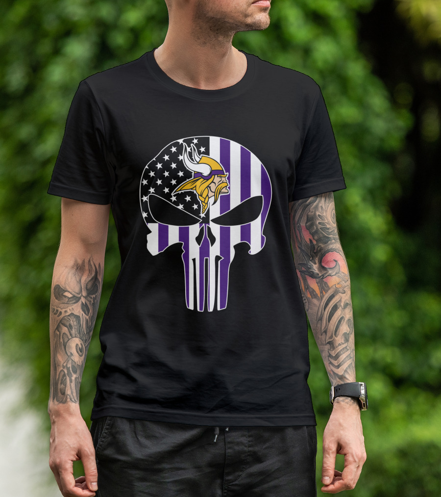 Minnesota Vikings Punisher American Flag Skull T-Shirt