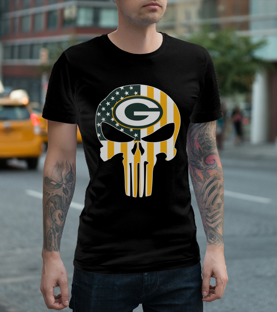 Green Bay Packers Punisher Skull American Flag T-Shirt