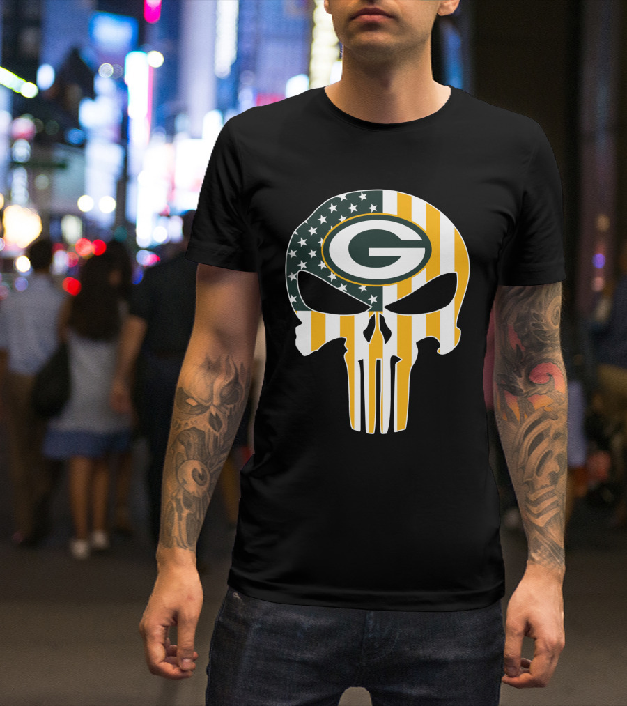 Green Bay Packers Punisher Skull American Flag T-Shirt