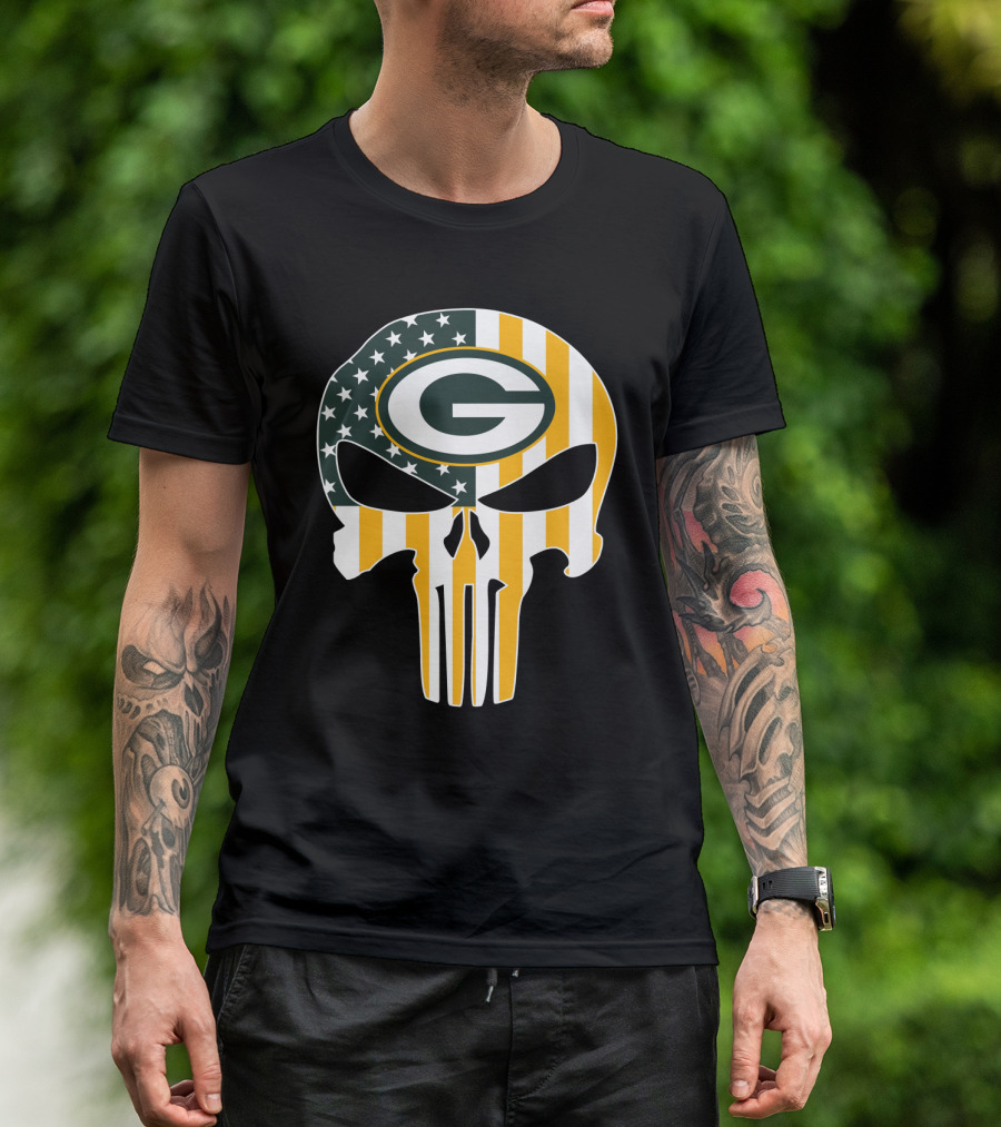 Green Bay Packers Punisher Skull American Flag T-Shirt