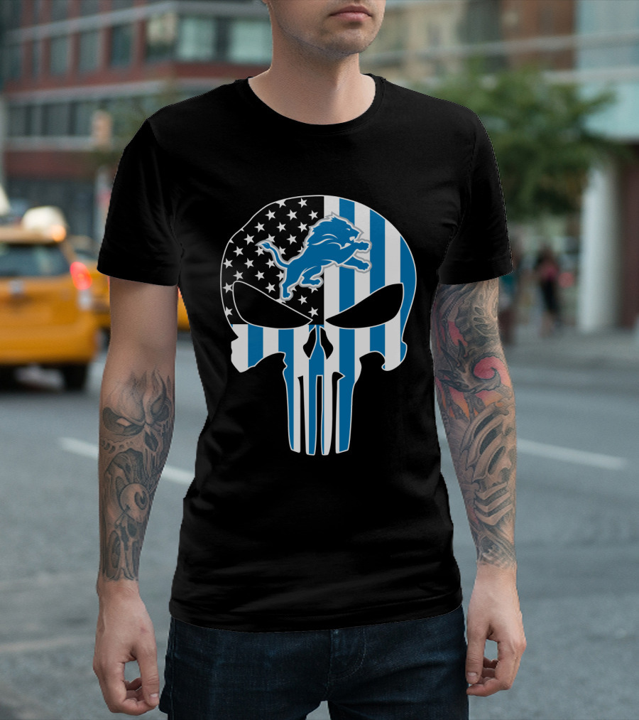 Detroit Lions Punisher Skull Logo American Flag T-Shirt