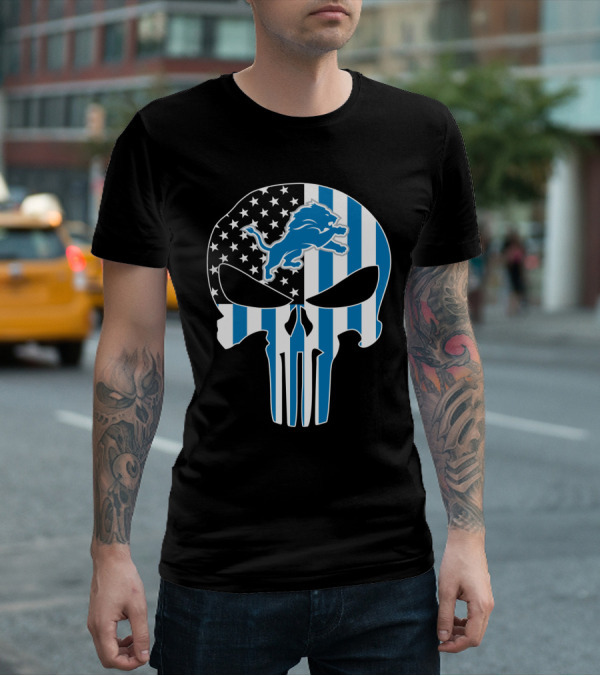Detroit Lions Punisher Skull Logo American Flag T-Shirt