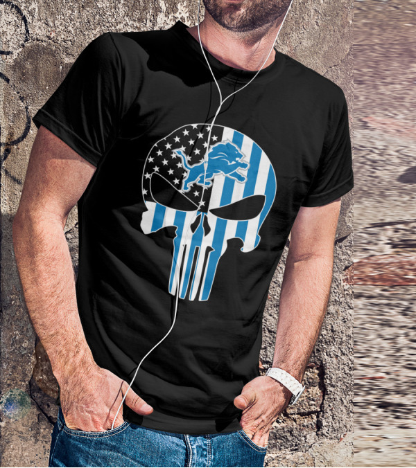 Detroit Lions Punisher Skull Logo American Flag T-Shirt