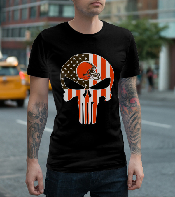 Cleveland Browns Skull American Flag Helmet T-Shirt