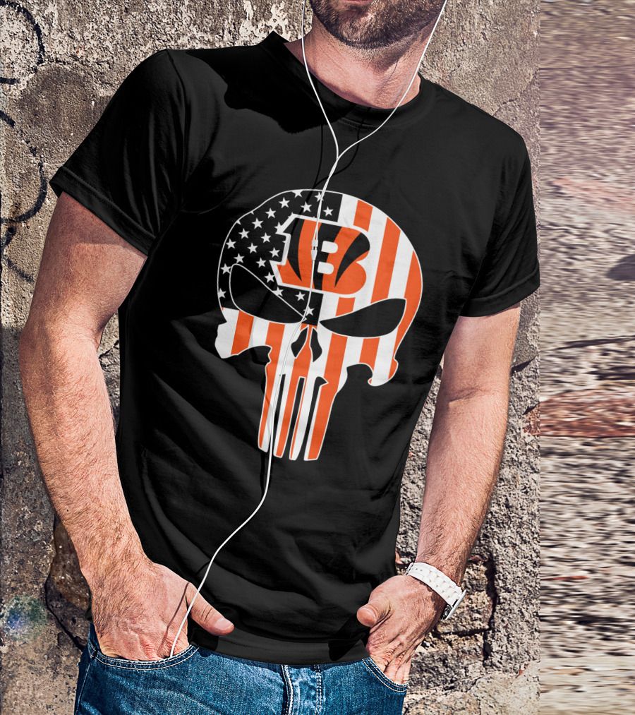 Bengals Skull American Flag Stripes T-Shirt