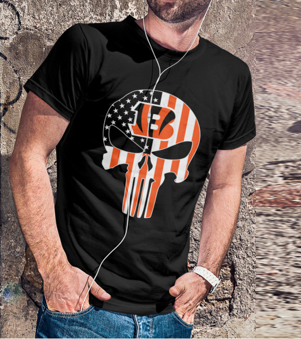 Bengals Skull American Flag Stripes T-Shirt