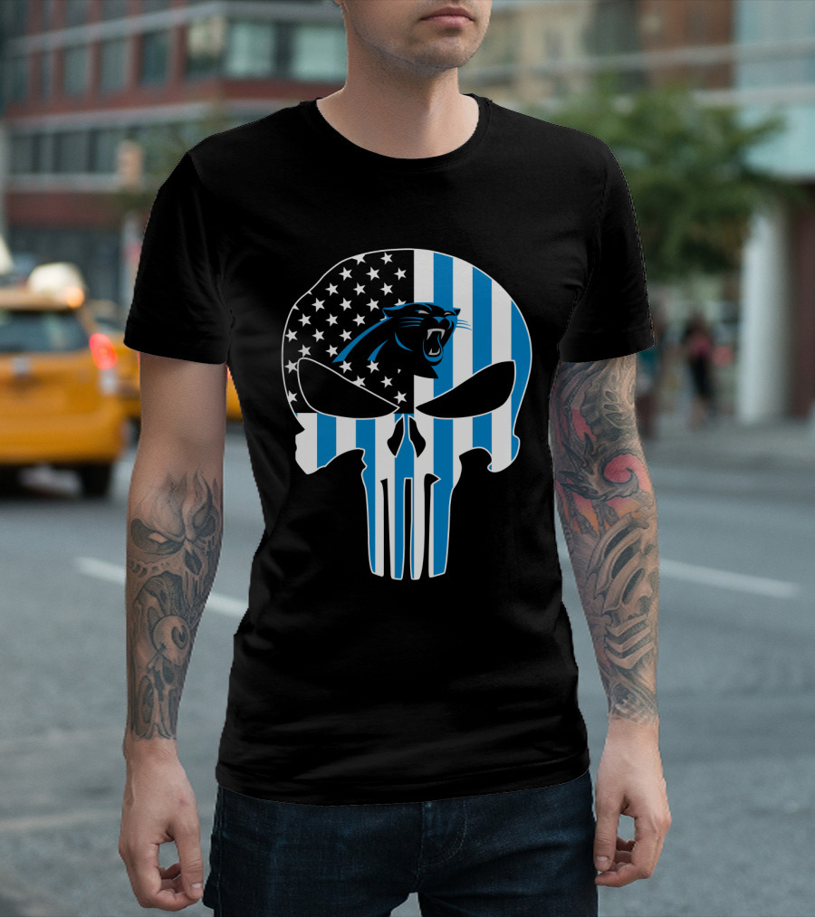 Carolina Panthers Punisher Skull American Flag T-Shirt