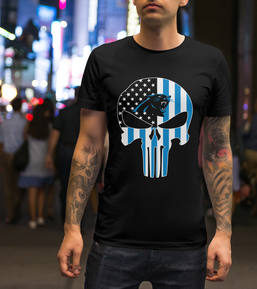 Carolina Panthers Punisher Skull American Flag T-Shirt