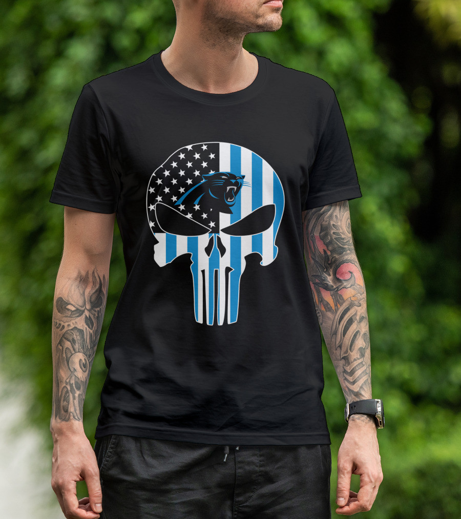 Carolina Panthers Punisher Skull American Flag T-Shirt