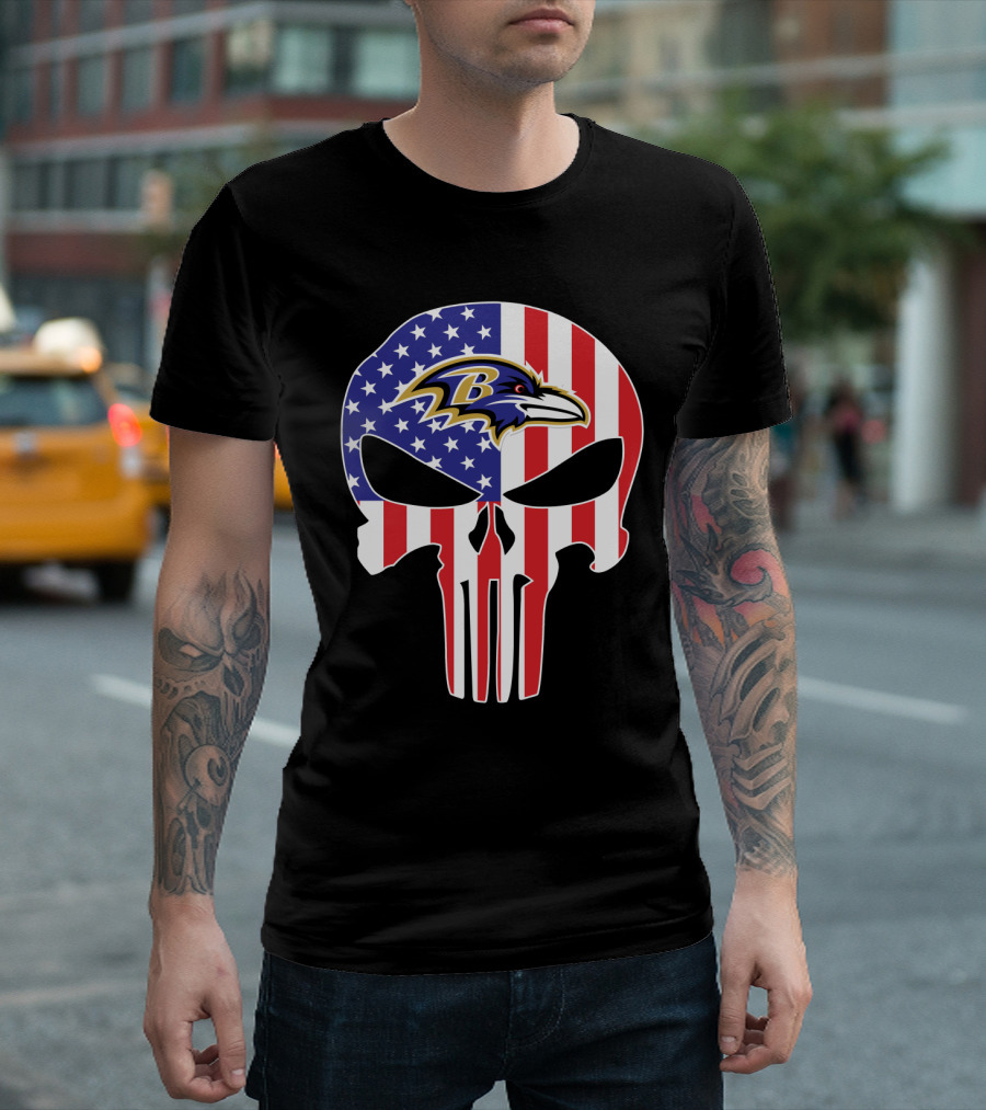 Ravens Skull American Flag Punisher Style T-Shirt