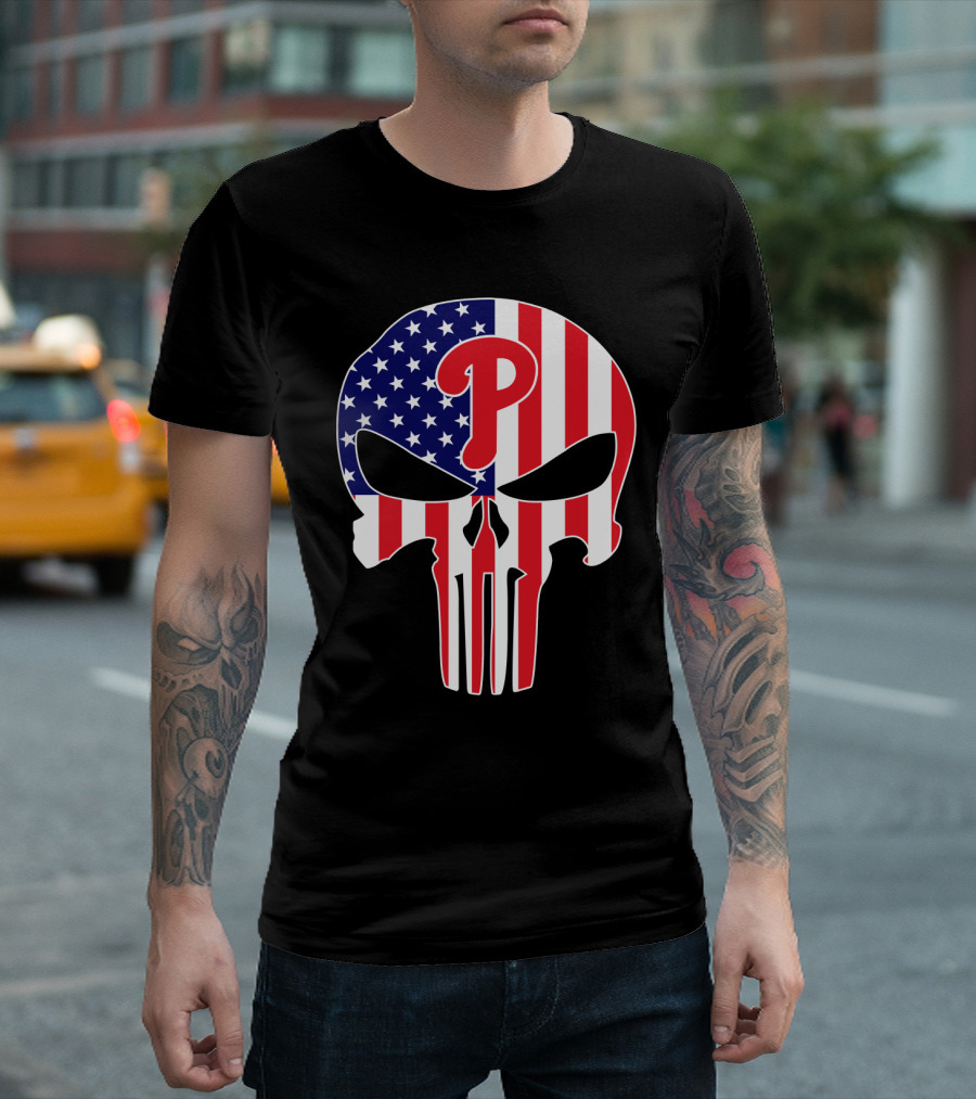Phillies American Flag Punisher Style Skull T-Shirt