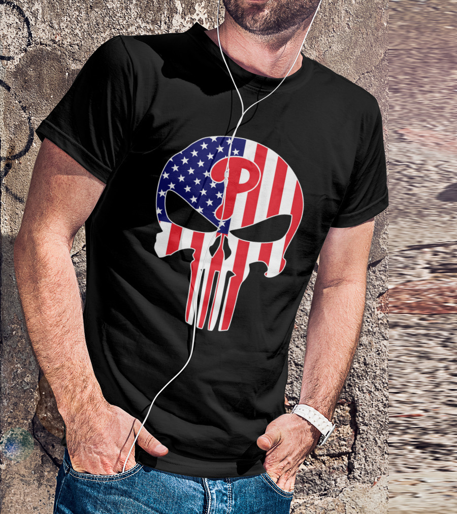 Phillies American Flag Punisher Style Skull T-Shirt