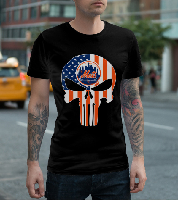 New York Mets American Flag Skull T-Shirt
