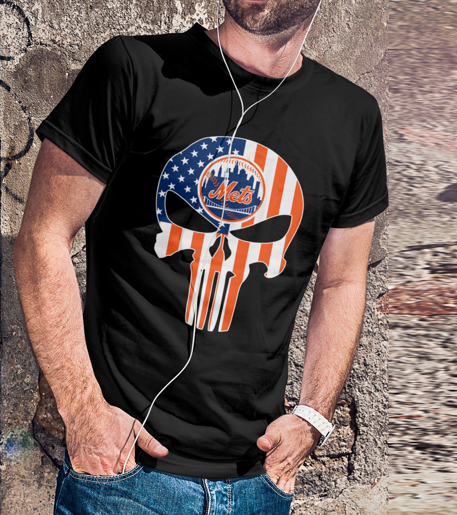 New York Mets American Flag Skull T-Shirt