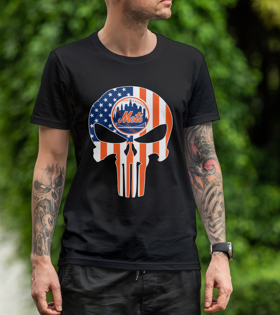 New York Mets American Flag Skull T-Shirt
