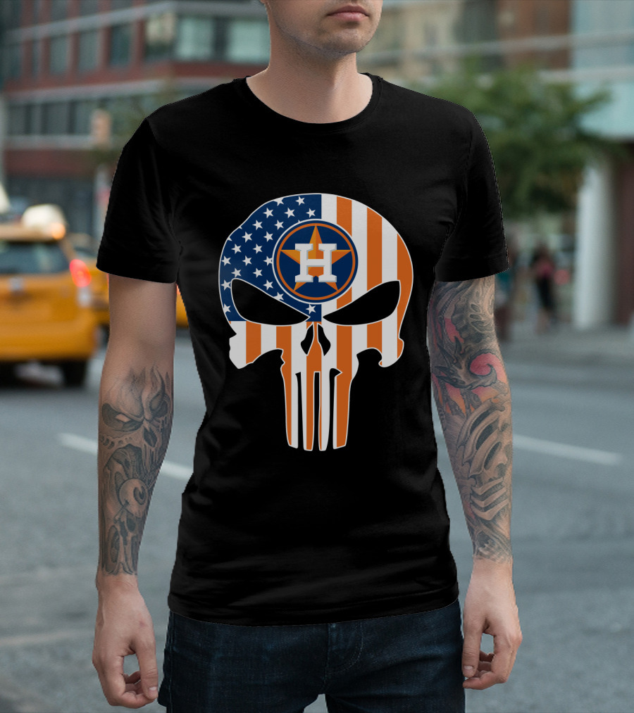 Houston Astros American Flag Skull Punisher Style T-Shirt