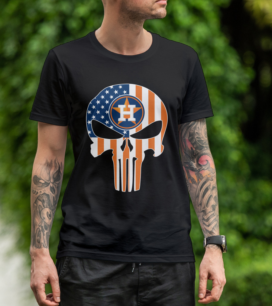 Houston Astros American Flag Skull Punisher Style T-Shirt