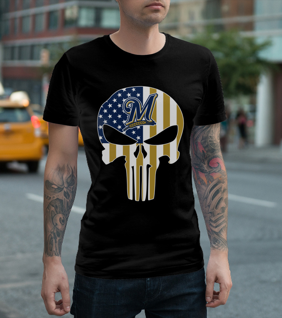 Milwaukee Brewers American Flag Skull T-Shirt