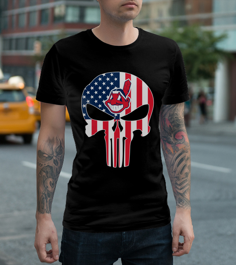 Cleveland Indians Punisher Skull American Flag T-Shirt
