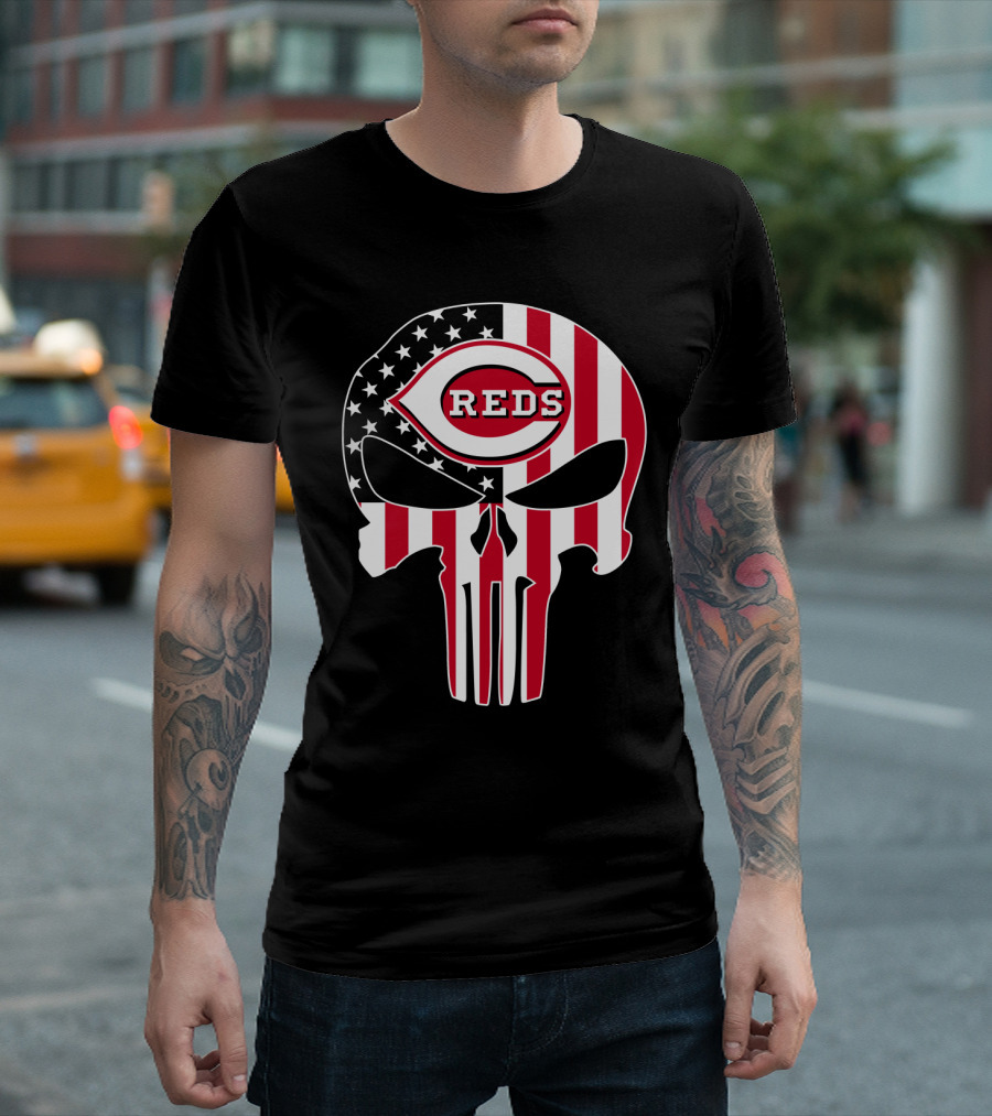 Cincinnati Reds American Flag Skull T-Shirt